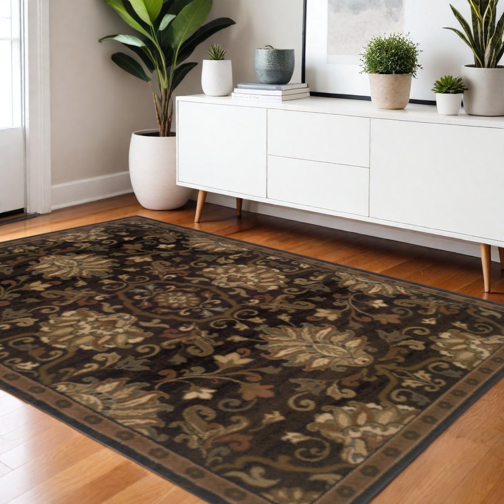 8' Brown Round Oriental Power Loom Stain Resistant Area Rug