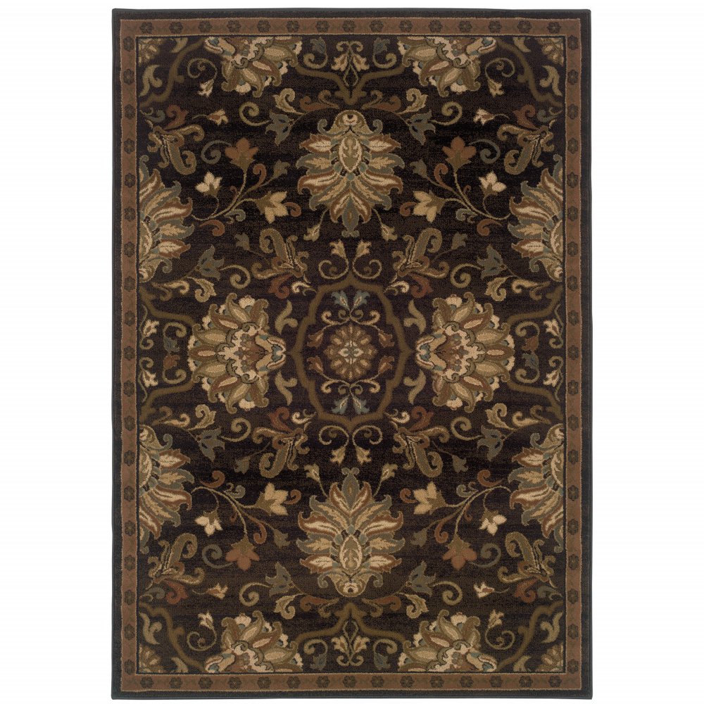 8' Brown Round Oriental Power Loom Stain Resistant Area Rug