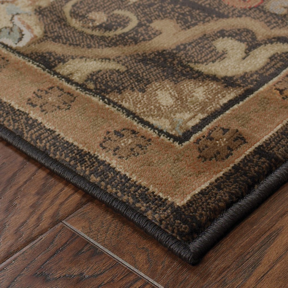 8' Brown Round Oriental Power Loom Stain Resistant Area Rug