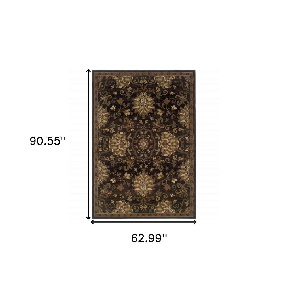 8' Brown Round Oriental Power Loom Stain Resistant Area Rug