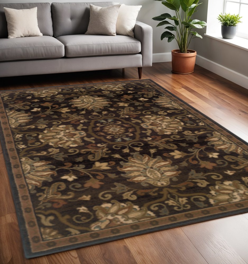 8' Brown Round Oriental Power Loom Stain Resistant Area Rug
