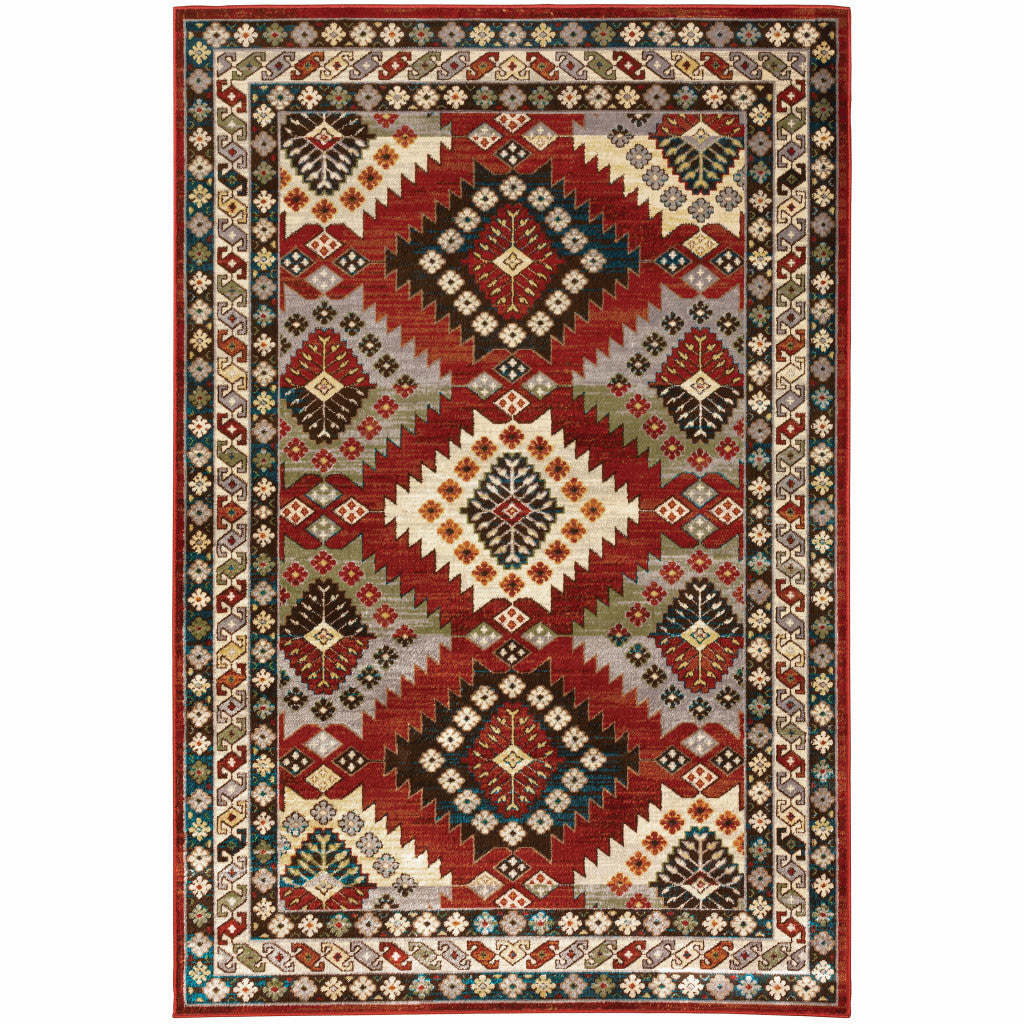 2' X 8' Red Deep Teal Ivory Grey And Green Southwestern Power Loom Stain Resistant Runner Rug