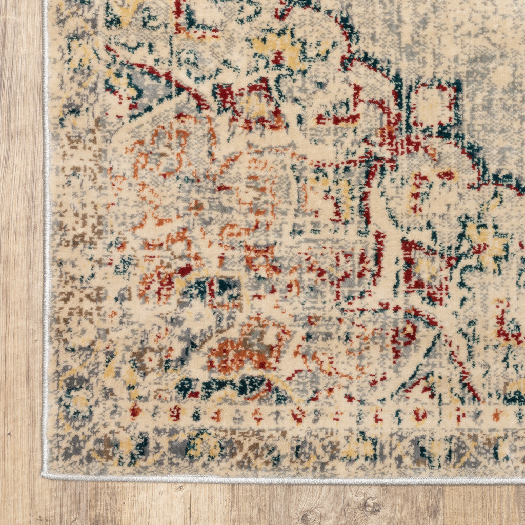 2' X 8' Grey Rust Deep Teal Beige And Orange Oriental Power Loom Stain Resistant Runner Rug