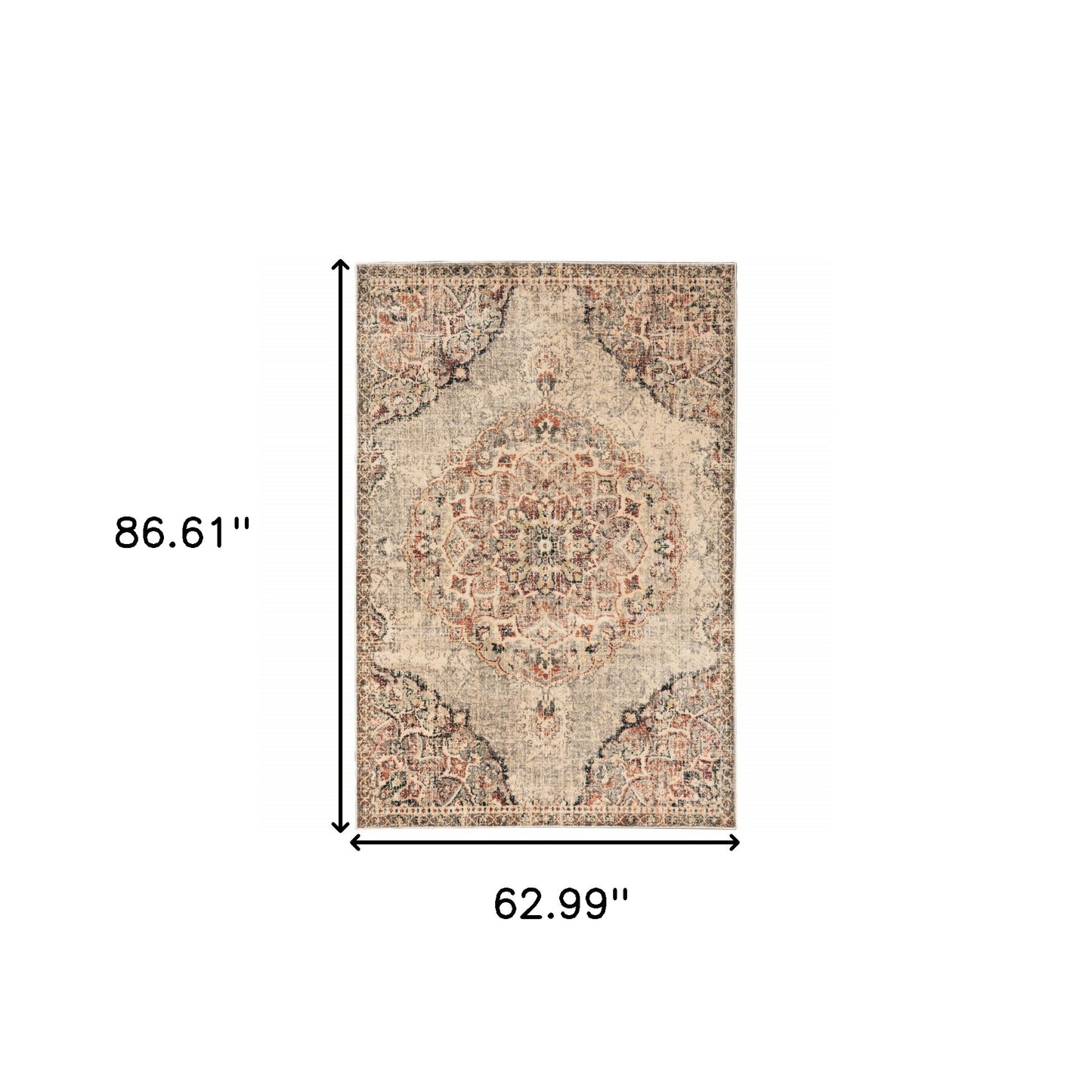 2' X 8' Grey Rust Deep Teal Beige And Orange Oriental Power Loom Stain Resistant Runner Rug