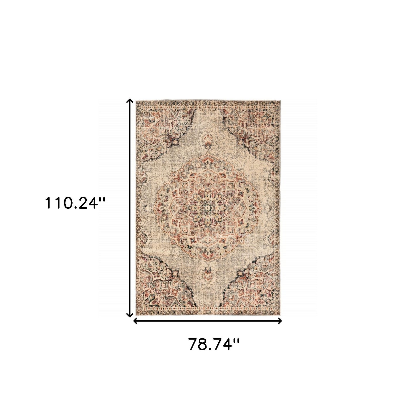 2' X 8' Grey Rust Deep Teal Beige And Orange Oriental Power Loom Stain Resistant Runner Rug