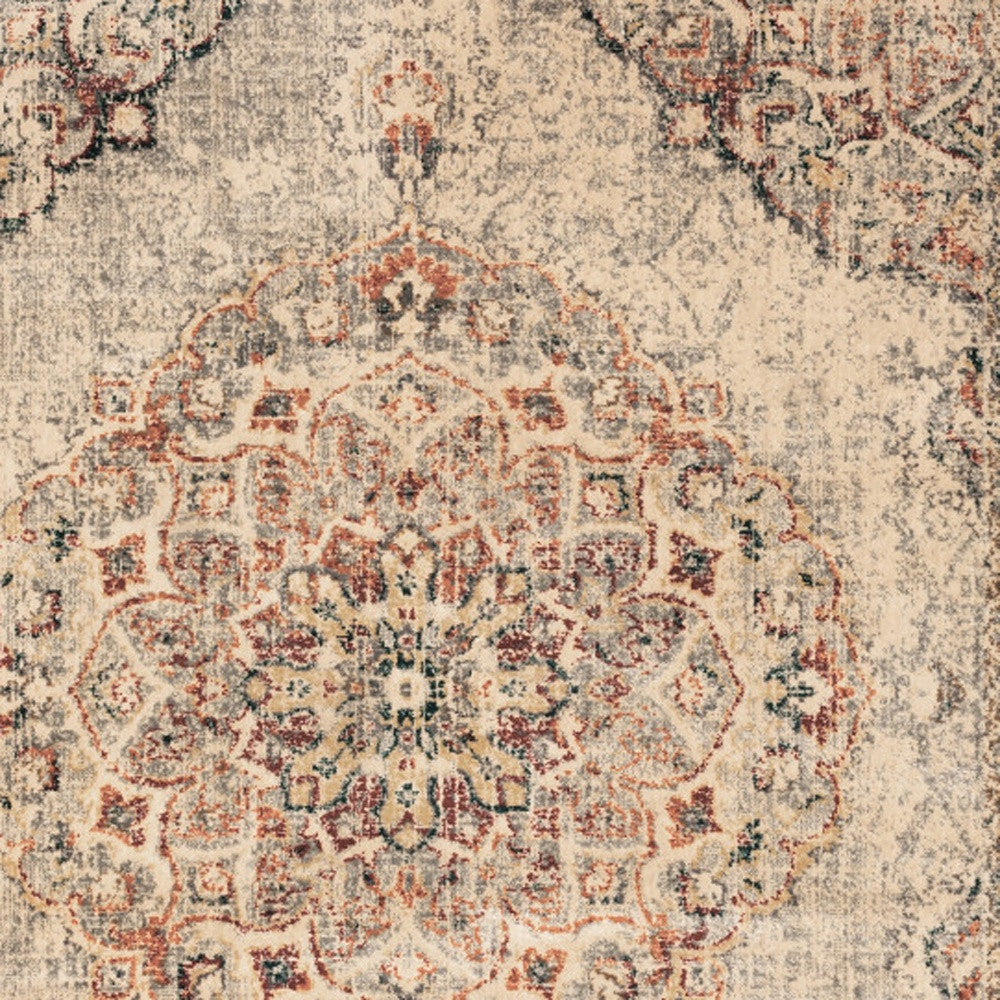 2' X 8' Grey Rust Deep Teal Beige And Orange Oriental Power Loom Stain Resistant Runner Rug