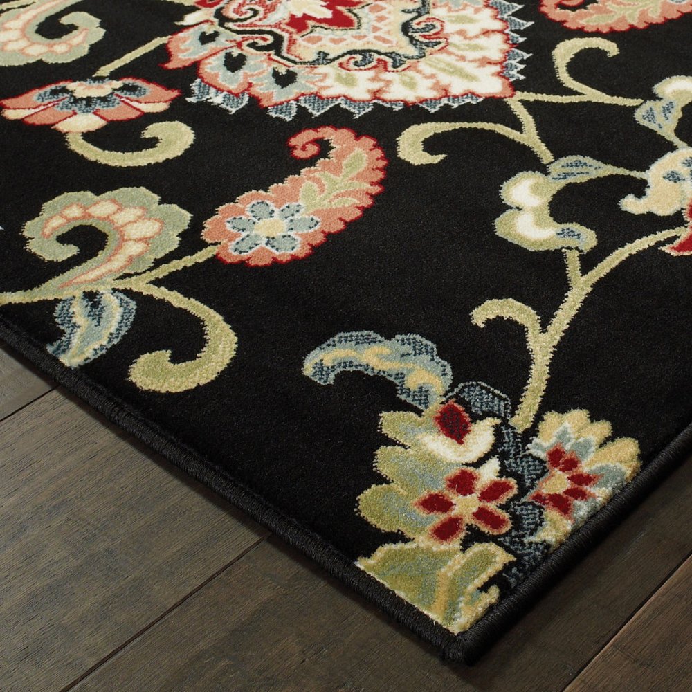 6' X 9' Black and Yellow Floral Power Loom Area Rug