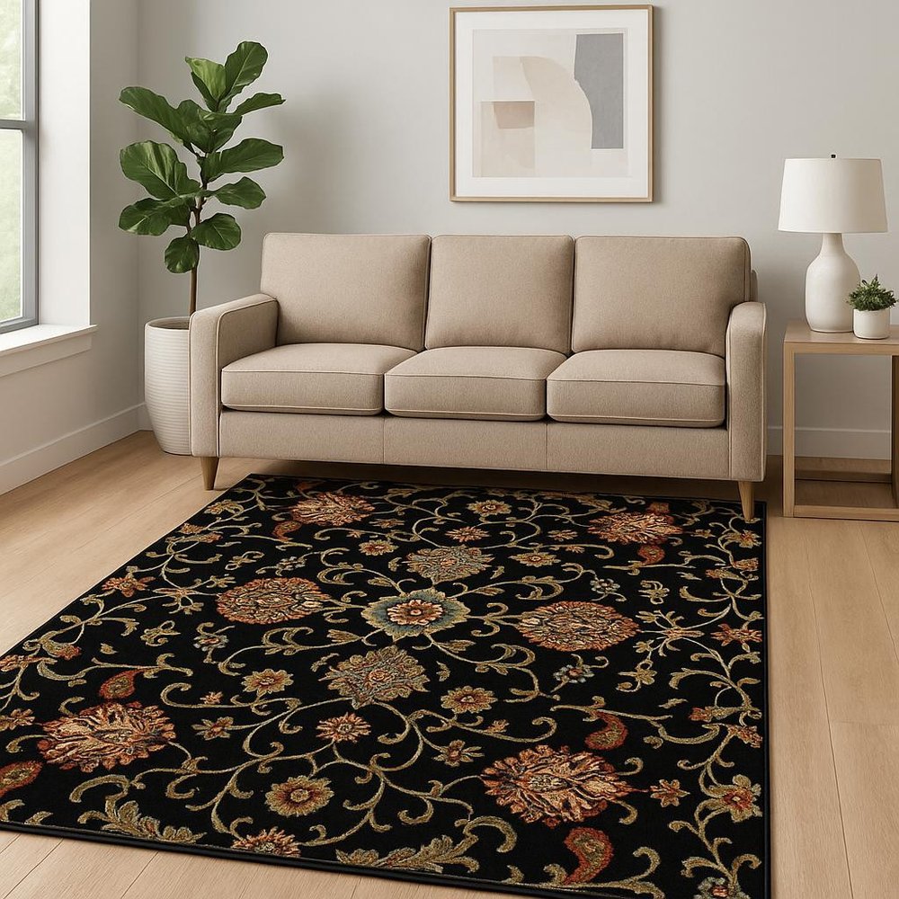 6' X 9' Black and Yellow Floral Power Loom Area Rug