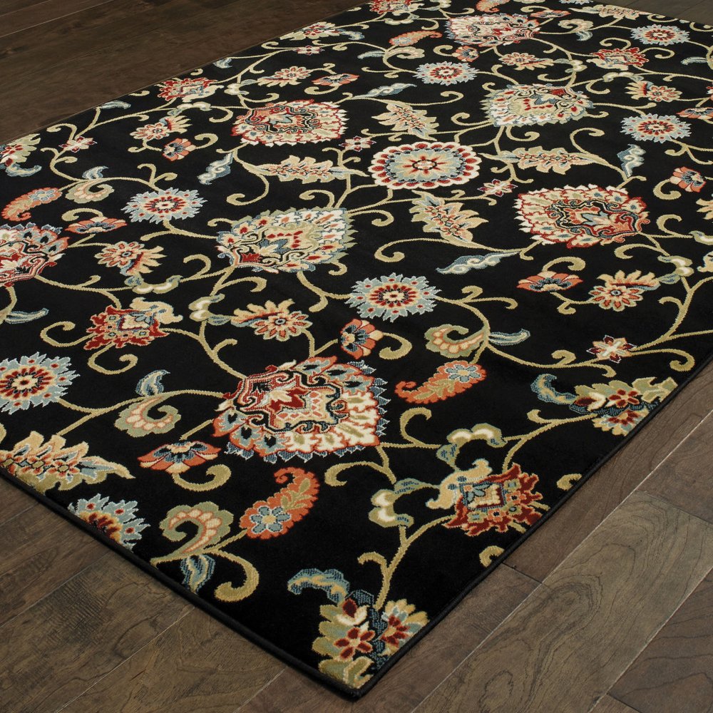 6' X 9' Black and Yellow Floral Power Loom Area Rug
