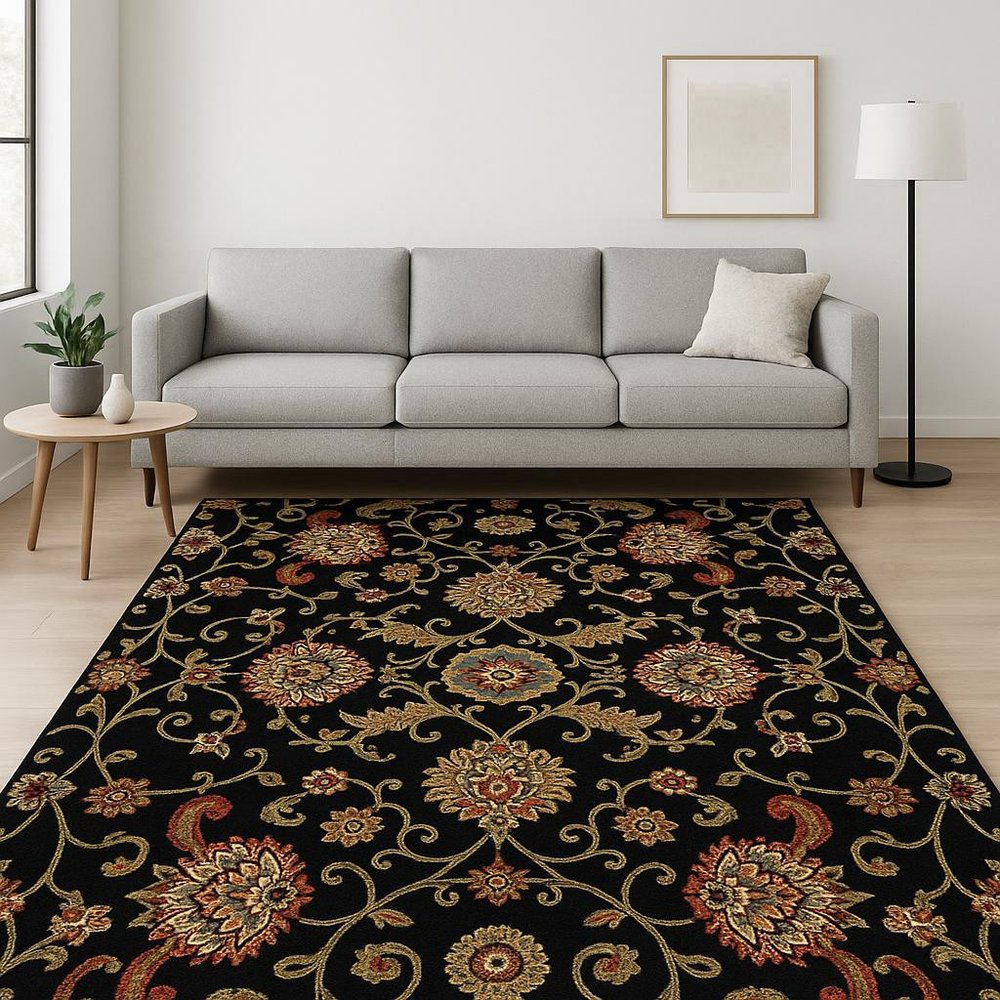 6' X 9' Black and Yellow Floral Power Loom Area Rug