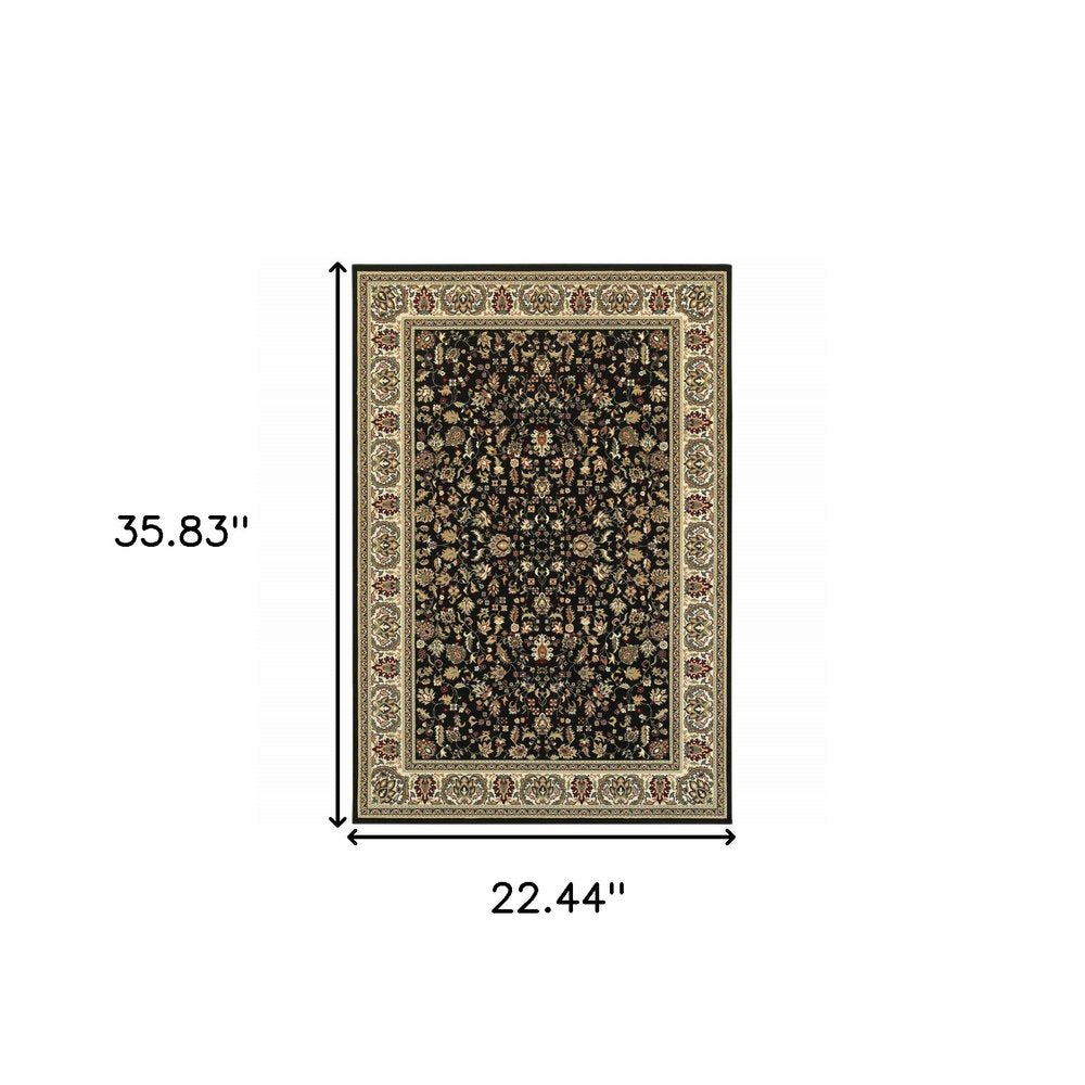 2' X 8' Black And Ivory Oriental Power Loom Stain Resistant Runner Rug