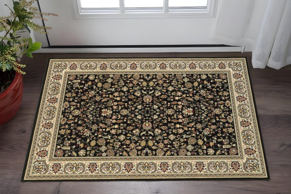 2' X 8' Black And Ivory Oriental Power Loom Stain Resistant Runner Rug