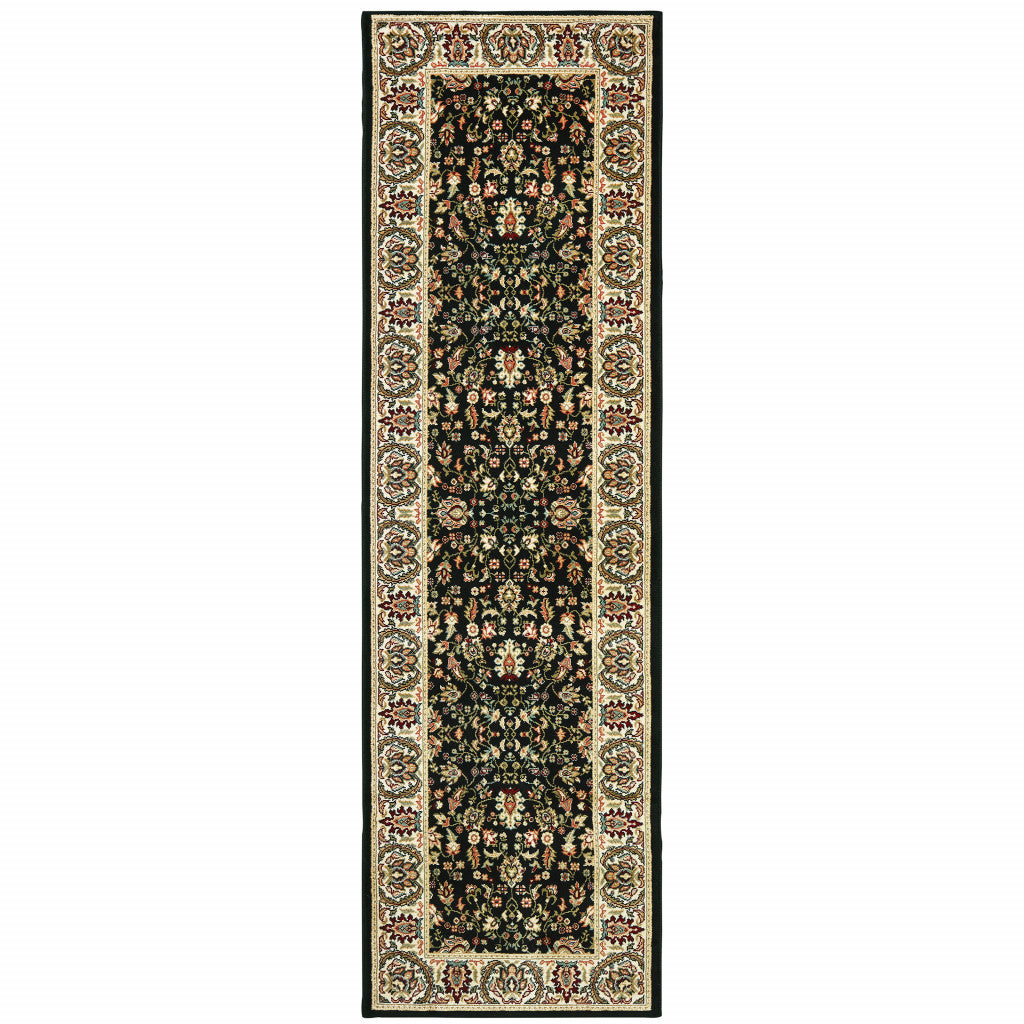 2' X 4' Black And Ivory Oriental Power Loom Stain Resistant Area Rug