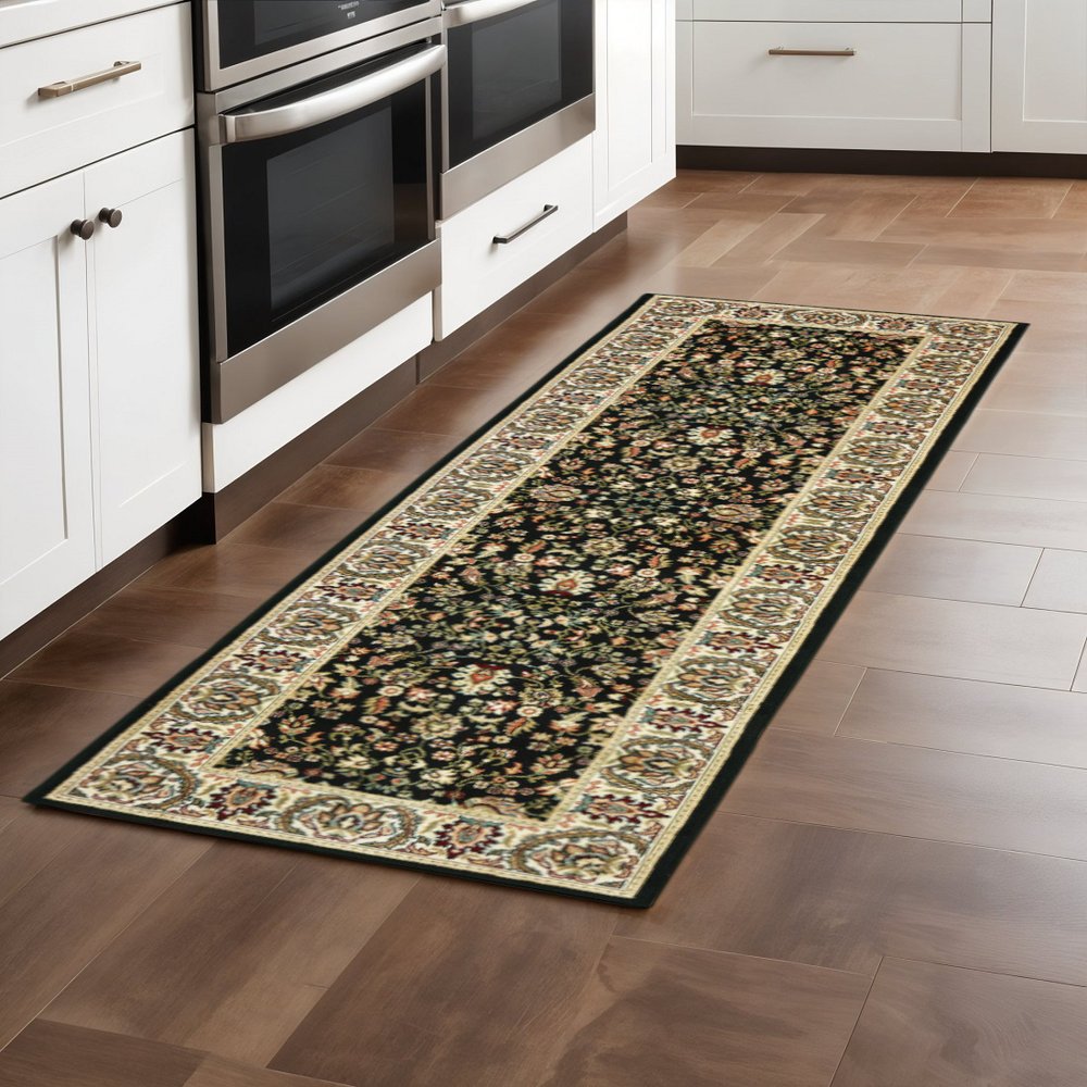 2' X 8' Black And Ivory Oriental Power Loom Stain Resistant Runner Rug