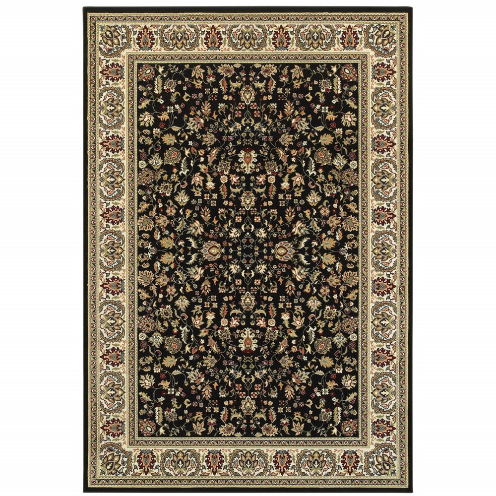 2' X 8' Black And Ivory Oriental Power Loom Stain Resistant Runner Rug