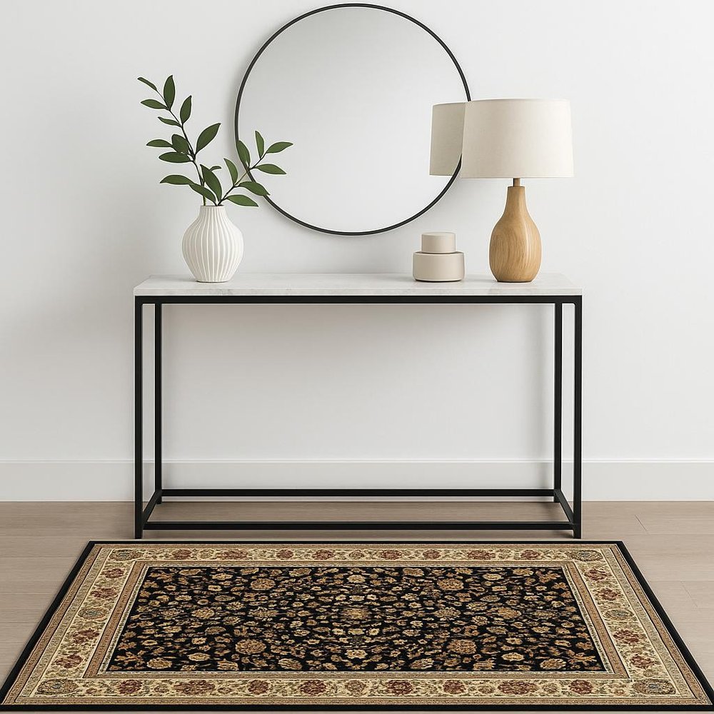 2' X 8' Black And Ivory Oriental Power Loom Stain Resistant Runner Rug