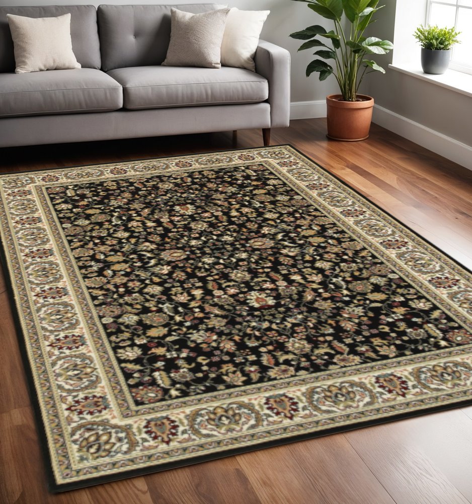 2' X 8' Black And Ivory Oriental Power Loom Stain Resistant Runner Rug