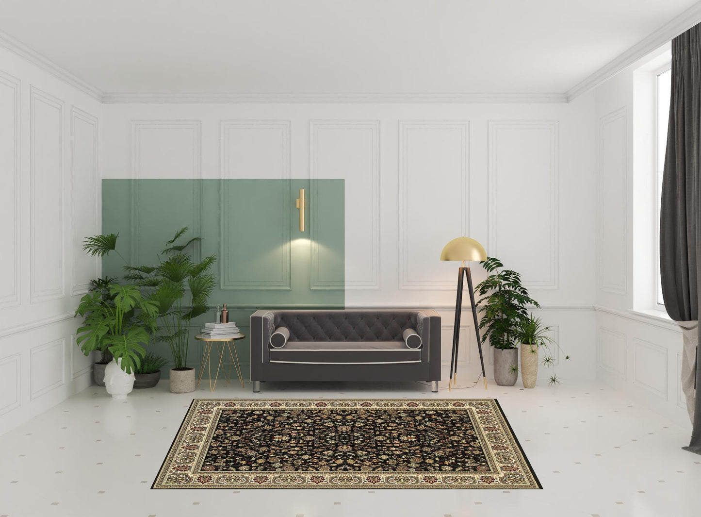 2' X 4' Black And Ivory Oriental Power Loom Stain Resistant Area Rug