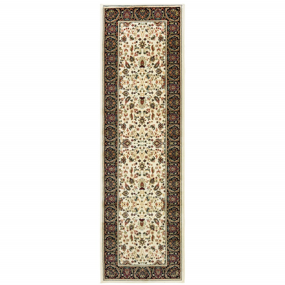 2' X 8' Black And Ivory Oriental Power Loom Stain Resistant Runner Rug