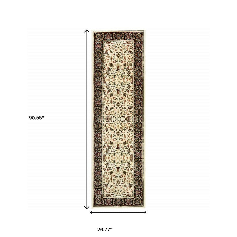 2' X 8' Black And Ivory Oriental Power Loom Stain Resistant Runner Rug