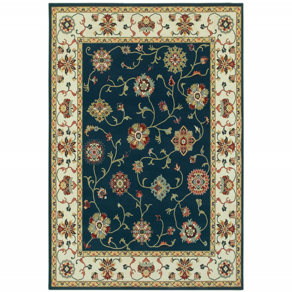2' X 8' Navy And Ivory Oriental Power Loom Stain Resistant Runner Rug