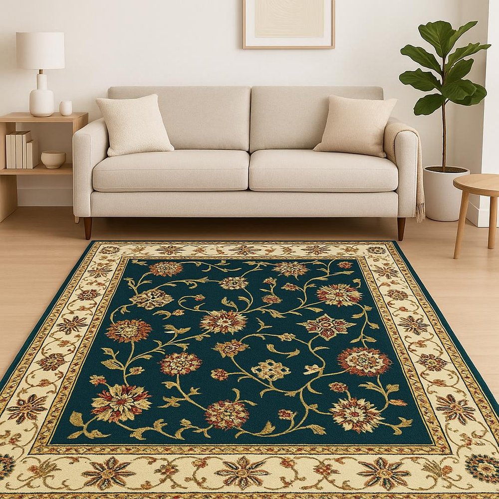 2' X 8' Navy And Ivory Oriental Power Loom Stain Resistant Runner Rug