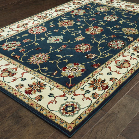 2' X 8' Navy And Ivory Oriental Power Loom Stain Resistant Runner Rug