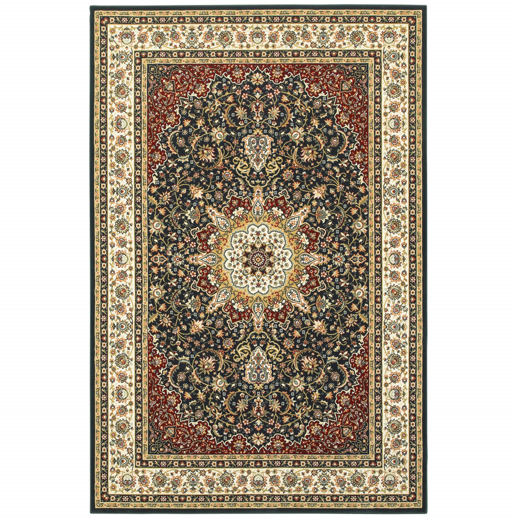 4' X 6' Navy And Ivory Oriental Power Loom Stain Resistant Area Rug