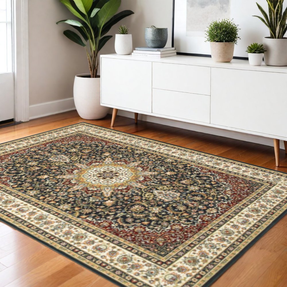 4' X 6' Navy And Ivory Oriental Power Loom Stain Resistant Area Rug