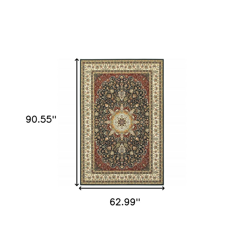 4' X 6' Navy And Ivory Oriental Power Loom Stain Resistant Area Rug