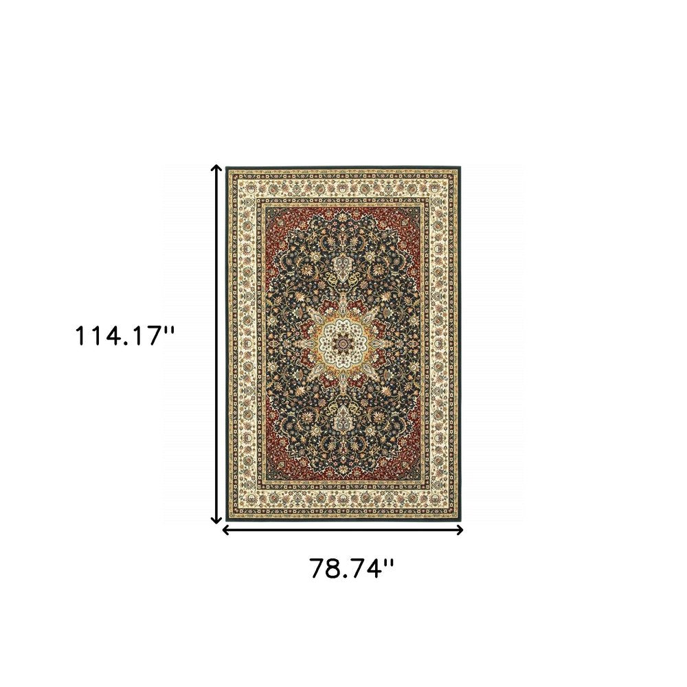 4' X 6' Navy And Ivory Oriental Power Loom Stain Resistant Area Rug