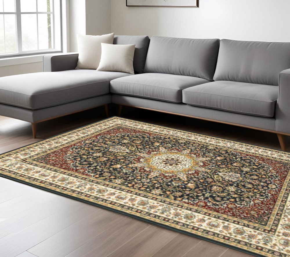 4' X 6' Navy And Ivory Oriental Power Loom Stain Resistant Area Rug