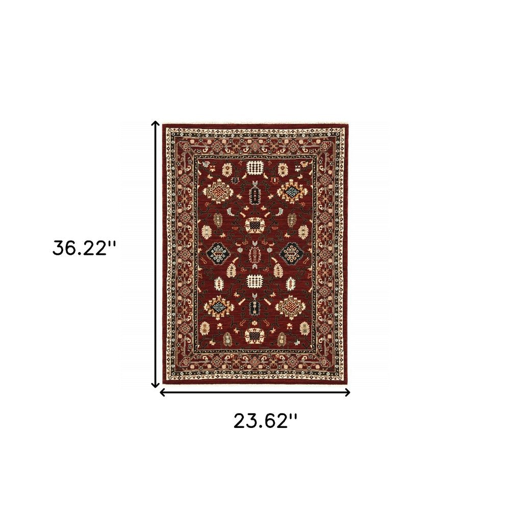 3' X 5' Red Black Ivory And Brown Oriental Power Loom Stain Resistant Area Rug With Fringe