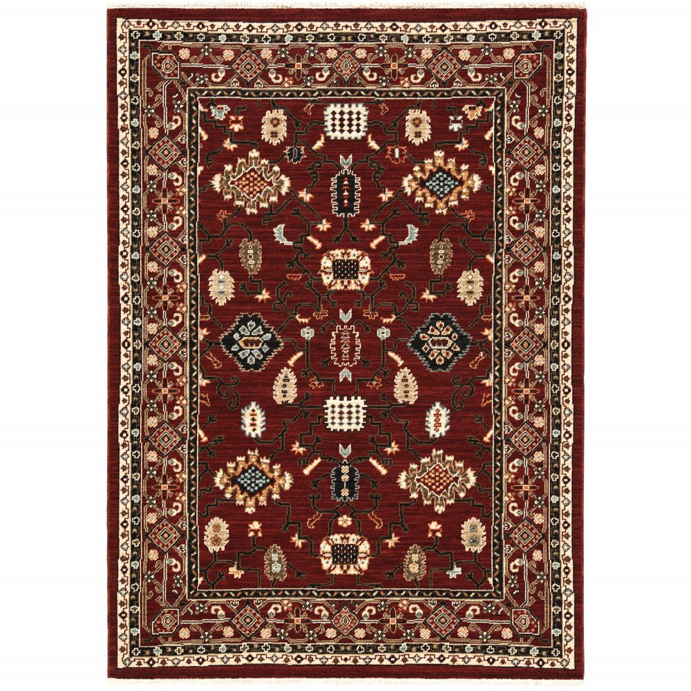 3' X 5' Red Black Ivory And Brown Oriental Power Loom Stain Resistant Area Rug With Fringe