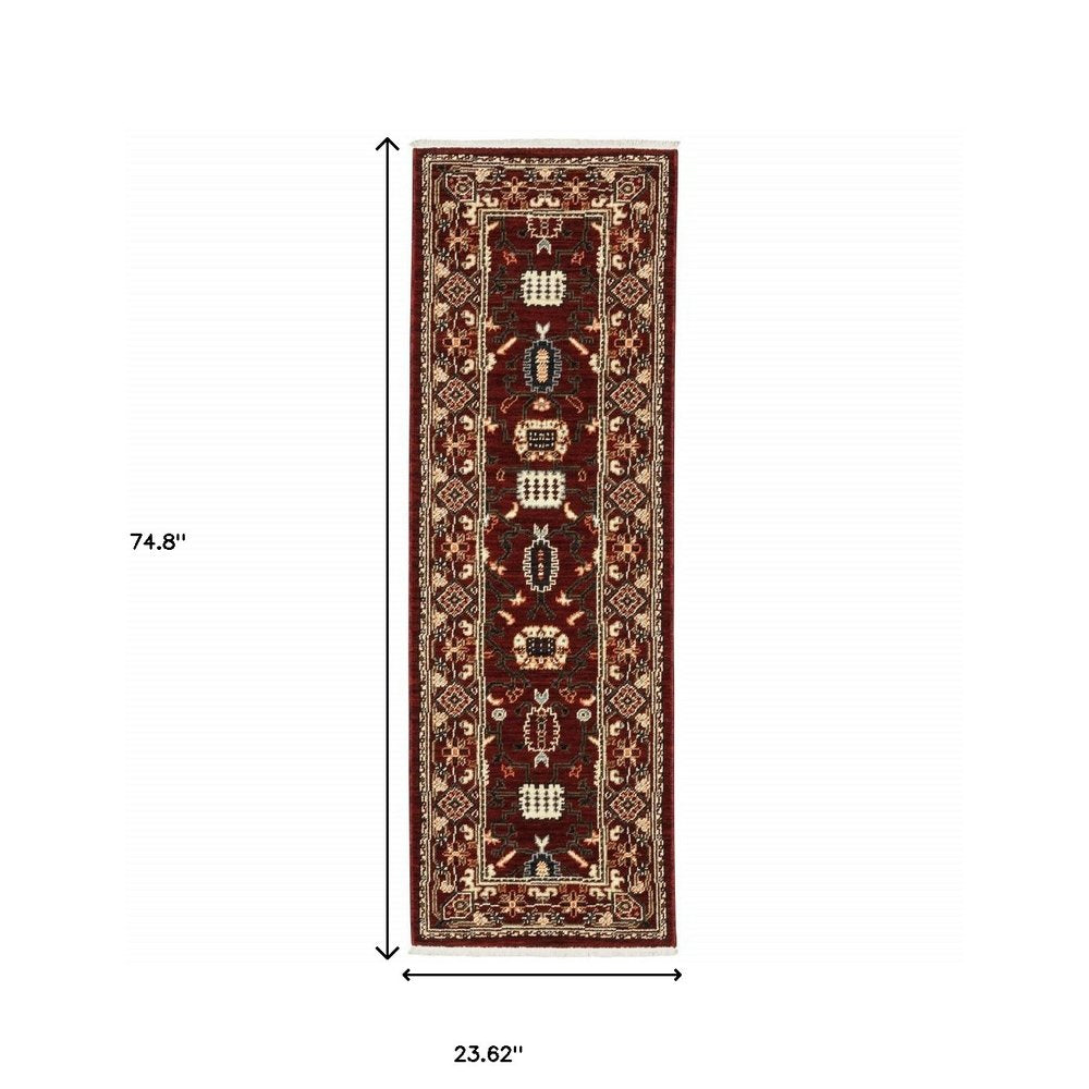 3' X 5' Red Black Ivory And Brown Oriental Power Loom Stain Resistant Area Rug With Fringe