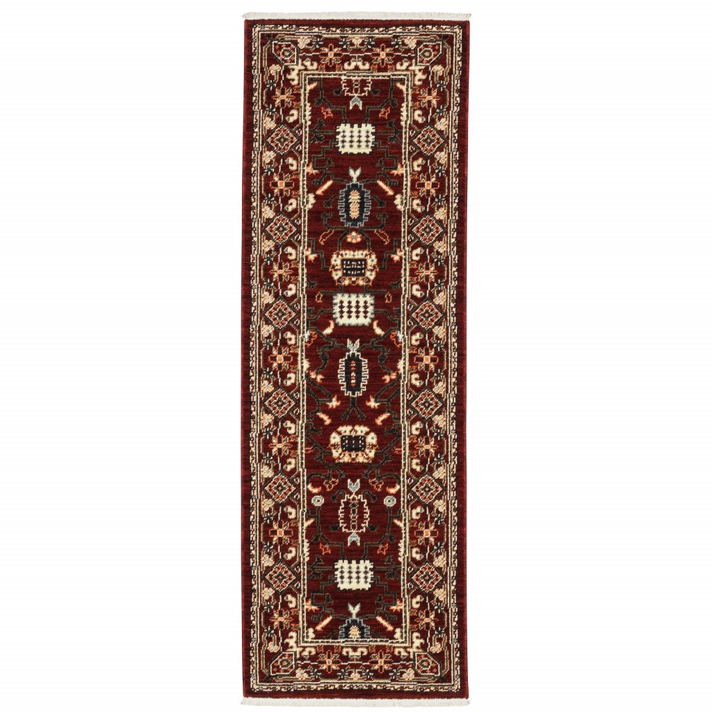 3' X 5' Red Black Ivory And Brown Oriental Power Loom Stain Resistant Area Rug With Fringe