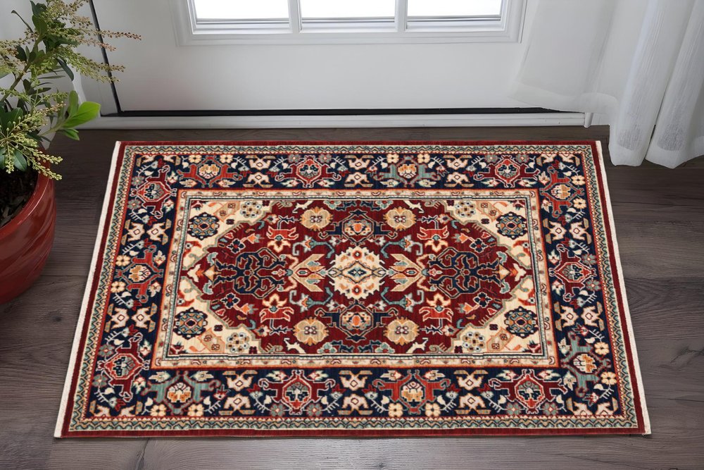 2' X 3' Red Blue Orange And Beige Oriental Power Loom Stain Resistant Area Rug With Fringe