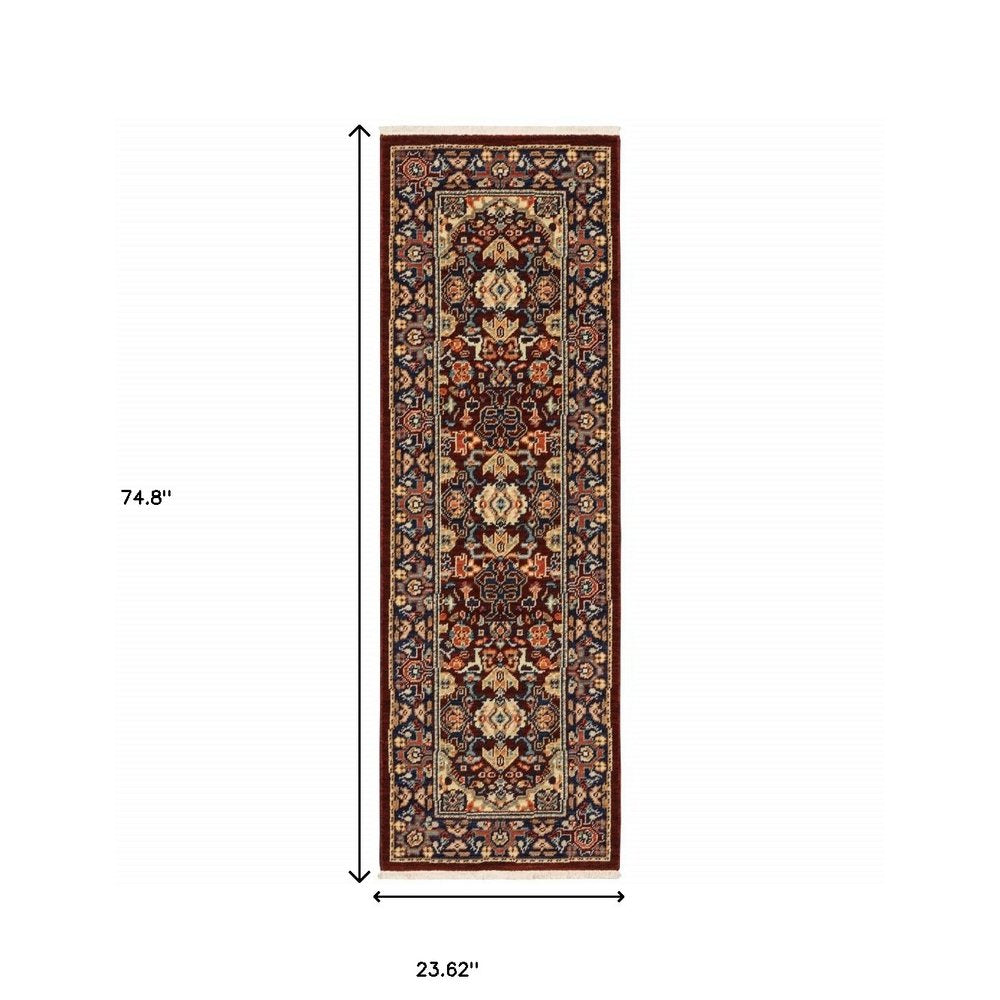 2' X 3' Red Blue Orange And Beige Oriental Power Loom Stain Resistant Area Rug With Fringe