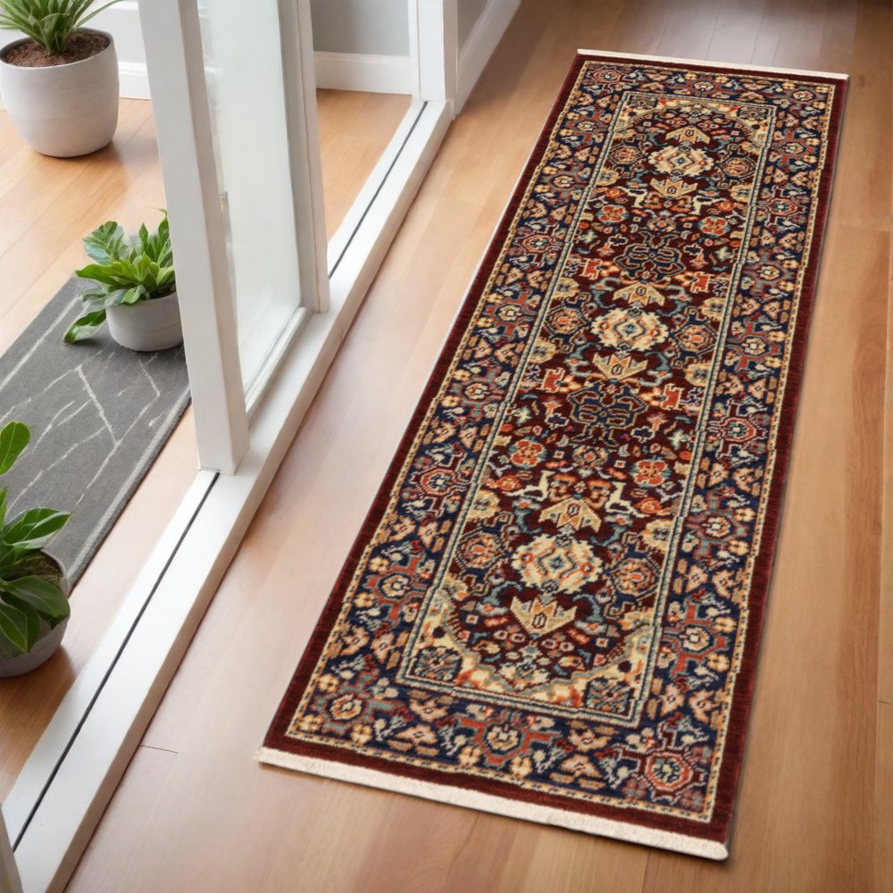 2' X 3' Red Blue Orange And Beige Oriental Power Loom Stain Resistant Area Rug With Fringe