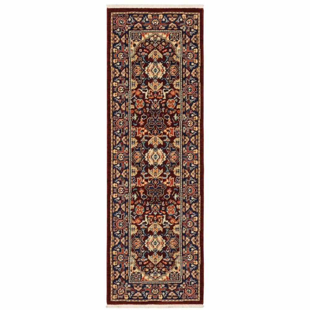 2' X 3' Red Blue Orange And Beige Oriental Power Loom Stain Resistant Area Rug With Fringe