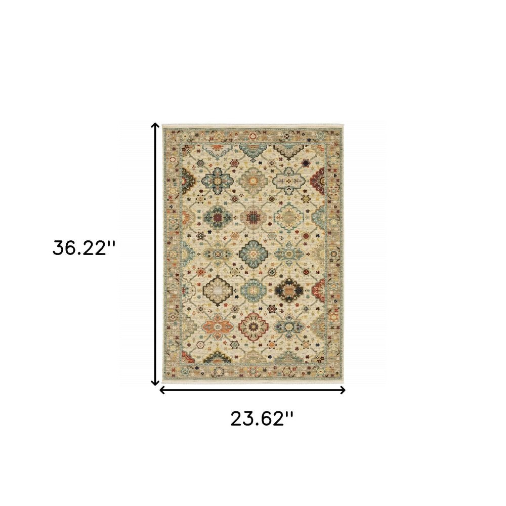 6' X 9' Beige Pale Blue Rust Gold Tan Brown And Orange Oriental Power Loom Stain Resistant Area Rug With Fringe