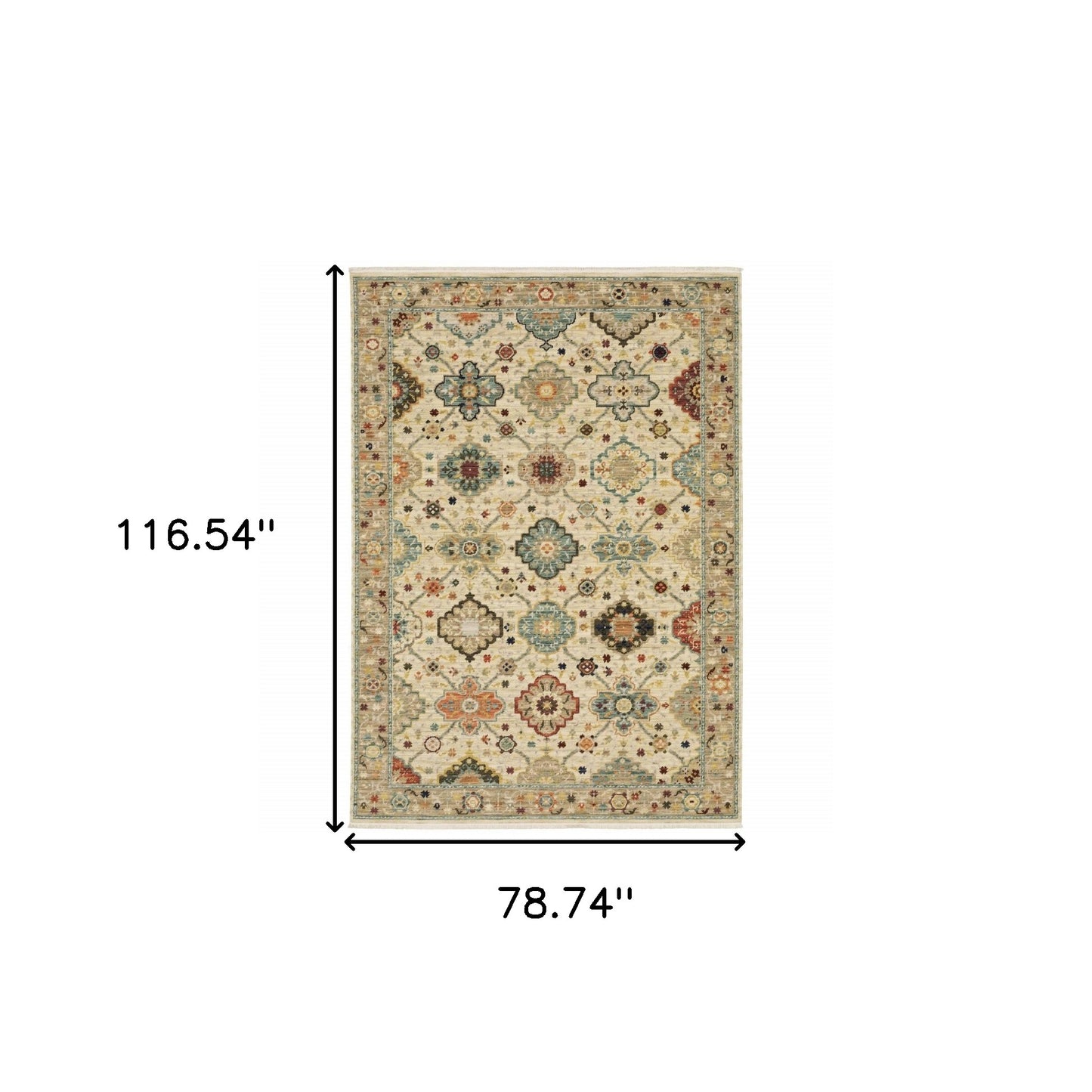 2' X 3' Beige Pale Blue Rust Gold Tan Brown And Orange Oriental Power Loom Stain Resistant Area Rug With Fringe