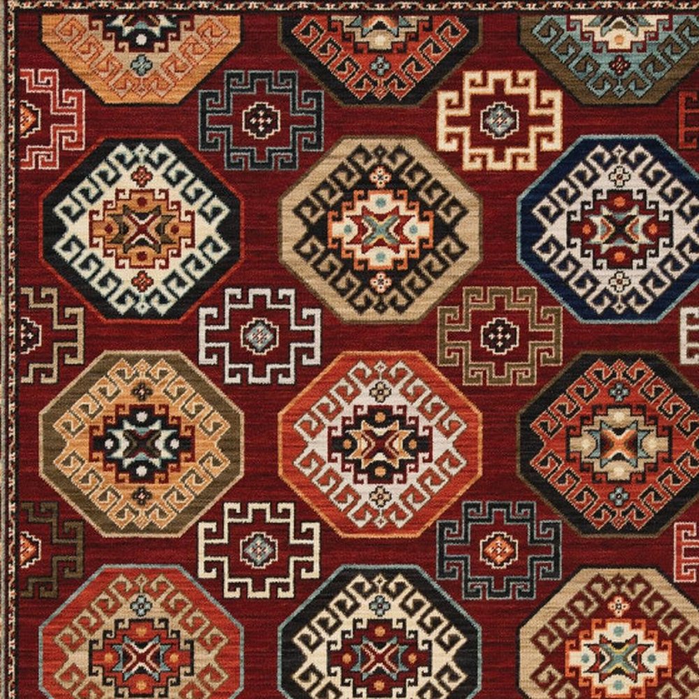6' X 9' Red Blue Brown And Beige Oriental Power Loom Stain Resistant Area Rug With Fringe
