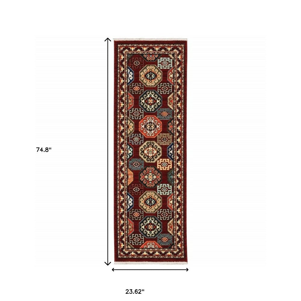 6' X 9' Red Blue Brown And Beige Oriental Power Loom Stain Resistant Area Rug With Fringe