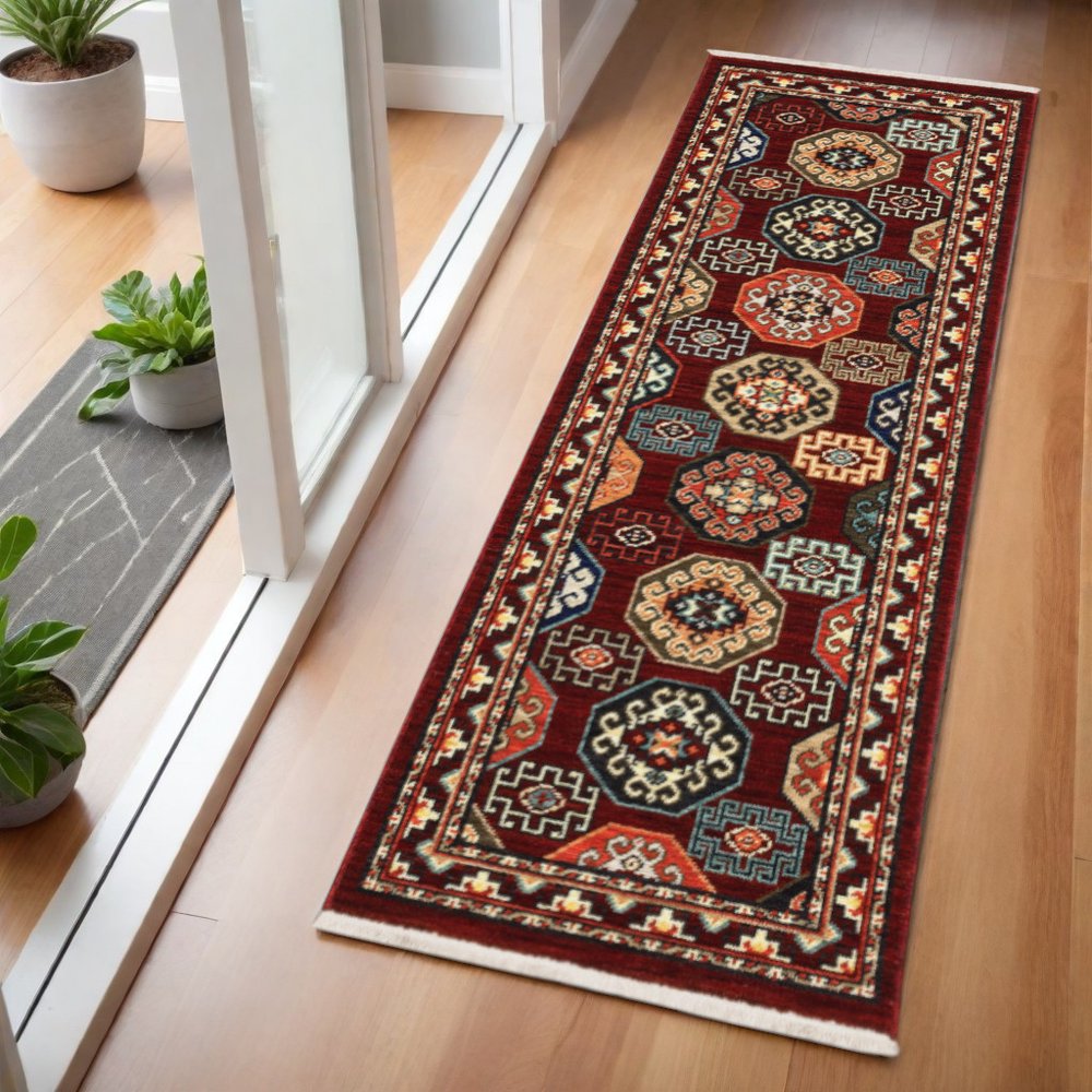 6' X 9' Red Blue Brown And Beige Oriental Power Loom Stain Resistant Area Rug With Fringe