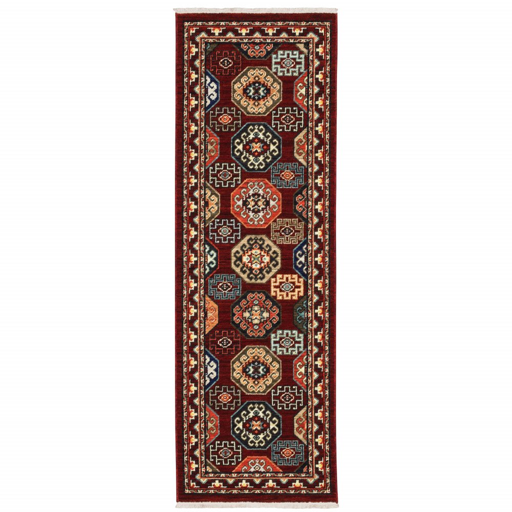 6' X 9' Red Blue Brown And Beige Oriental Power Loom Stain Resistant Area Rug With Fringe