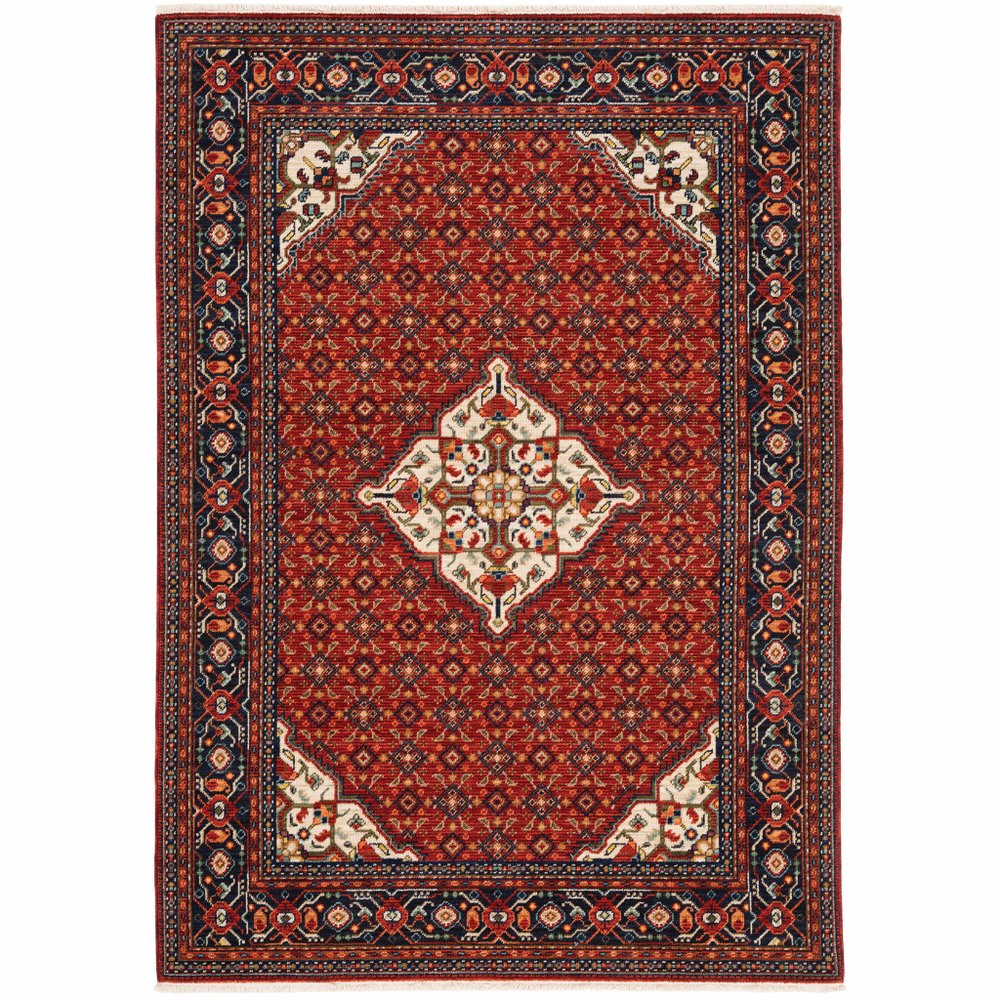 2' X 3' Red Blue Ivory And Orange Oriental Power Loom Stain Resistant Area Rug With Fringe