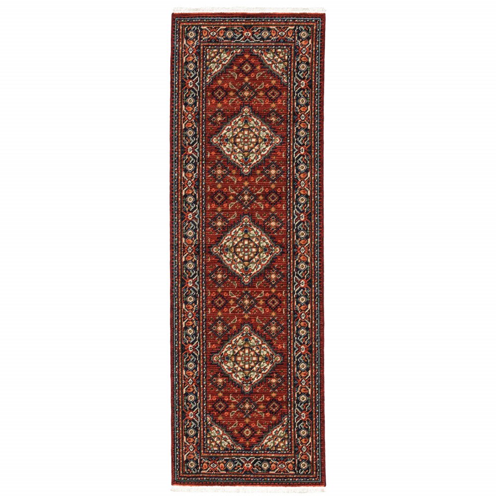 2' X 3' Red Blue Ivory And Orange Oriental Power Loom Stain Resistant Area Rug With Fringe