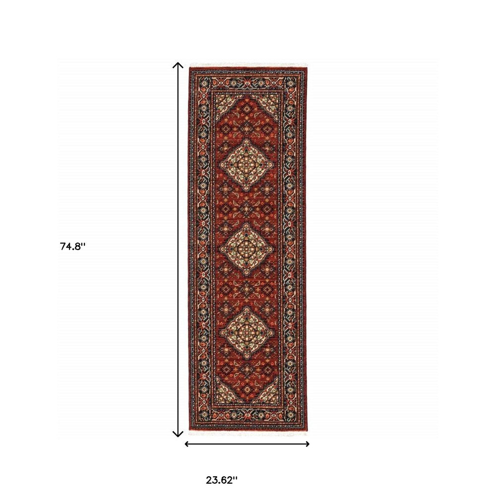 2' X 3' Red Blue Ivory And Orange Oriental Power Loom Stain Resistant Area Rug With Fringe