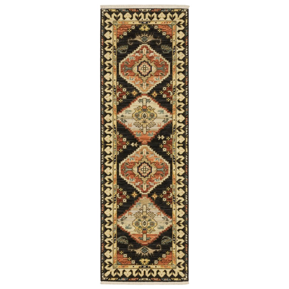 2' X 3' Charcoal Brown Orange Salmon Gold Navy Ivory And Pale Blue Oriental Power Loom Stain Resistant Area Rug With Fringe